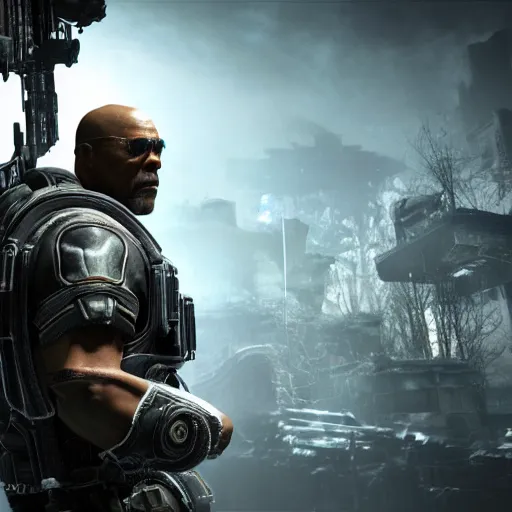 Image similar to Samuel L Jackson in Gears of War, splash art, movie still, cinematic lighting, dramatic, octane render, long lens, shallow depth of field, bokeh, anamorphic lens flare, 8k, hyper detailed, 35mm film grain