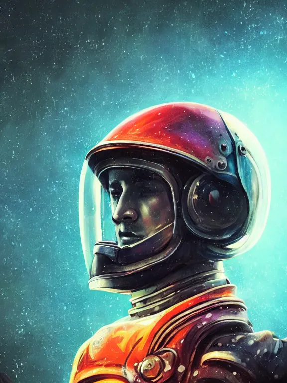 Image similar to portrait art of 8k ultra realistic retro futuristic soviet cosmonaut, helmet visor open, glow around helmet, deep space , detailed intricate ornate armour,blade runner, cybernetic, full of colour, cinematic lighting, trending on artstation, 4k, hyperrealistic, focused, extreme details,unreal engine 5, cinematic, masterpiece, art by ayami kojima, giger