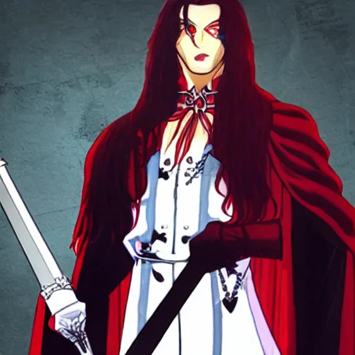 Image similar to alucard posing for a picture with a long sword