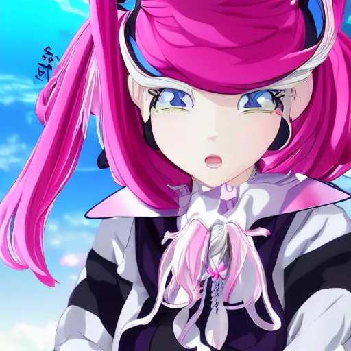 Image similar to stunningly beautiful omnipotent megalomaniacal anime goddess who looks like junko enoshima with symmetrical perfect face and porcelain skin, pink twintail hair and mesmerizing cyan eyes, looking down upon the viewer and taking control while smiling in a mischievous way, mid view from below her feet, hyperdetailed, 2 d anime, 8 k