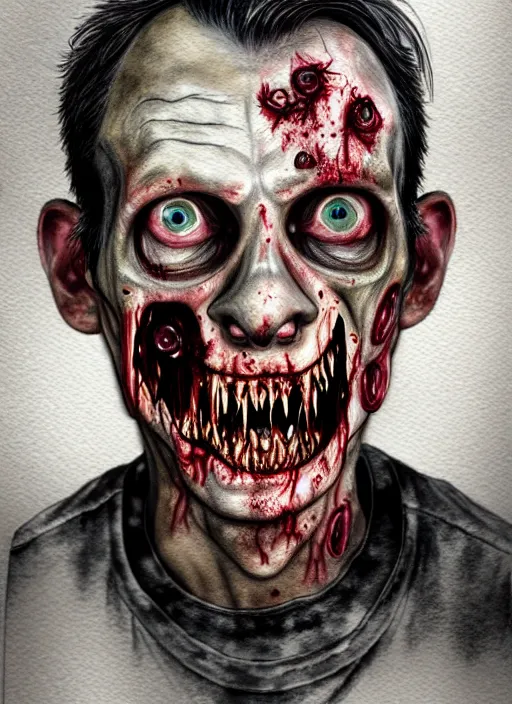 Prompt: zombie hollywood professional acting headshot, hyperrealism, intricate detailed, studio lighting, charming expression gesicht, talented watercolor, procreate illustration