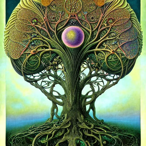 Image similar to tree of life by roger dean and andrew ferez, art forms of nature by ernst haeckel, divine chaos engine, symbolist, visionary, art nouveau, botanical fractal structures, organic, detailed, realistic, surreality