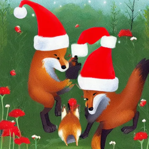 Prompt: foxes with santa hats eating cheese in a pretty meadow