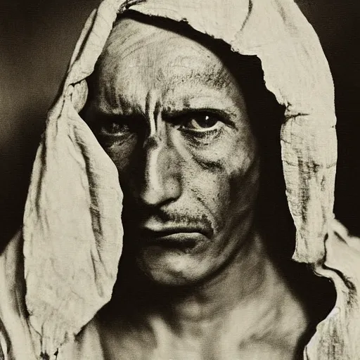 Prompt: black and white photograph the burned man tightly wrapped in linen portrait dramatic lighting by Walker Evans