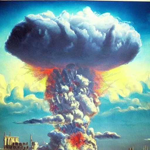 Image similar to nuclear mushroom cloud, fall of rome, epic painting