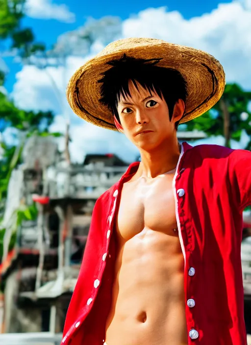 Prompt: A full portrait photo of real-life luffy one piece, f/22, 35mm, 2700K, lighting, perfect faces.