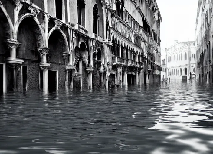 Prompt: Venice completely flooded, underwater photo, dystopian, dark, realistic, sea
