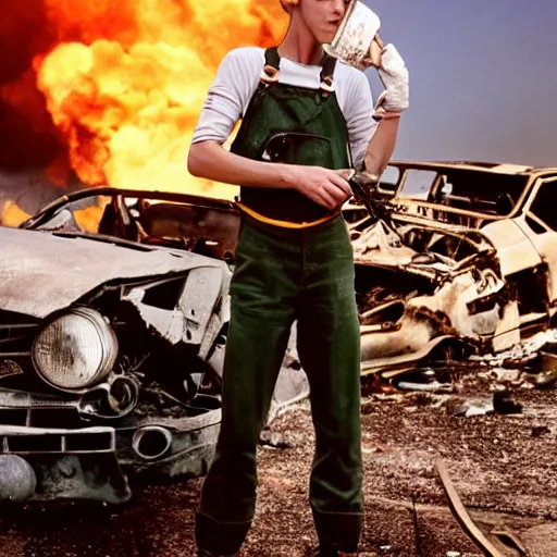 Prompt: a skinny high-fantasy elf with a long face narrow chin and spiky blonde hair wearing dark brown overalls and holding a bomb next to a destroyed car, gel spiked hair, high resolution film still, HDR color