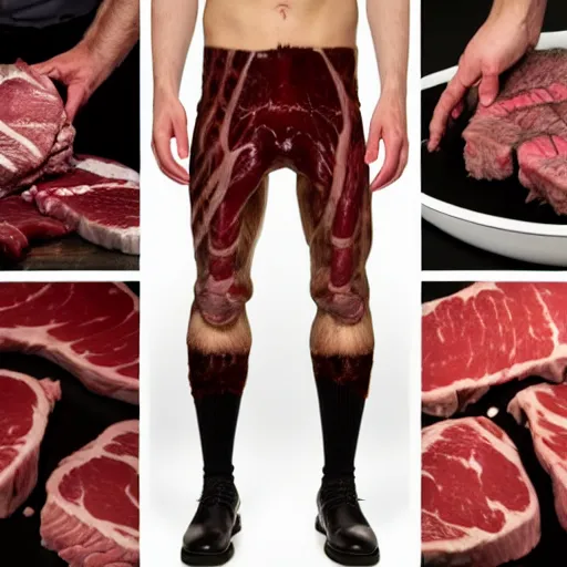 Image similar to pants created from meat, steak pants, high definition, beautiful award winning photography, 8 k.