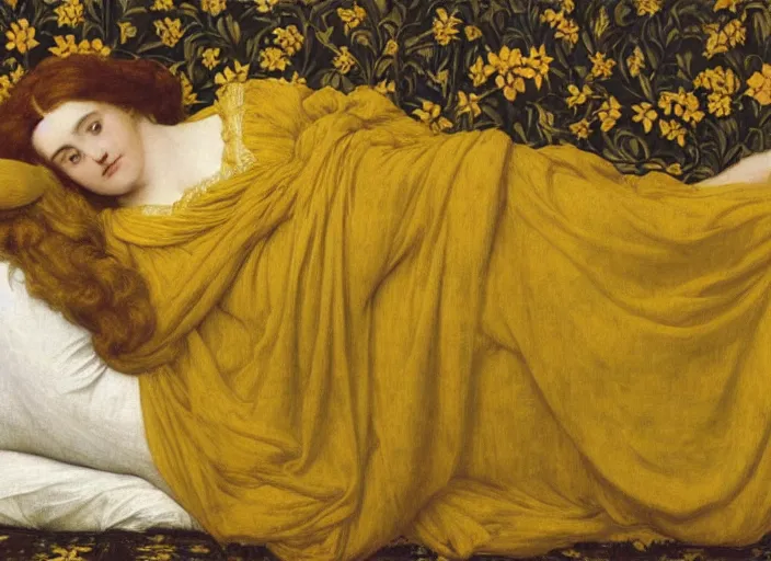 Prompt: portrait of lady reclining on bed, wearing yellow ochre ornate medieval dress, preraphaelite colour photography by frederic leighton, william morris, 8 k