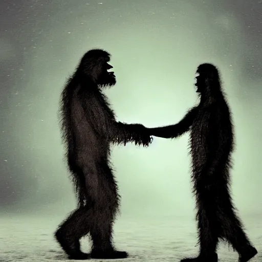 Prompt: blurry photograph of bigfoot shaking hands with an extraterrestrial