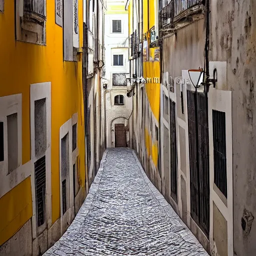 Image similar to the view down an alley, buildings in lisbon portugal, by girolamo da catignola