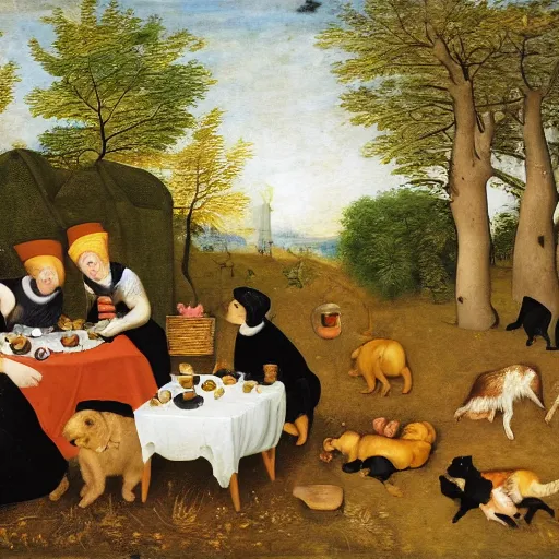 Prompt: bruegel style painting of golden retriever and a black kitty having a tea party in the forest