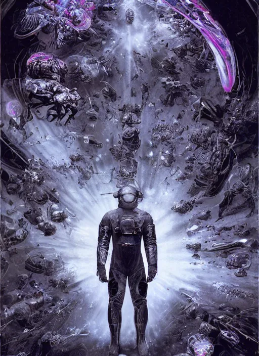 Image similar to astronauts in dark void underwater - complex and hyperdetailed technical suit. reflection and dispersion materials. rays and dispersion of light. volumetric light. f / 3 2. noise film photo. flash photography. ultra realistic, wide angle. poster by wayne barlowe, hajime sorayama aaron horkey, craig mullins