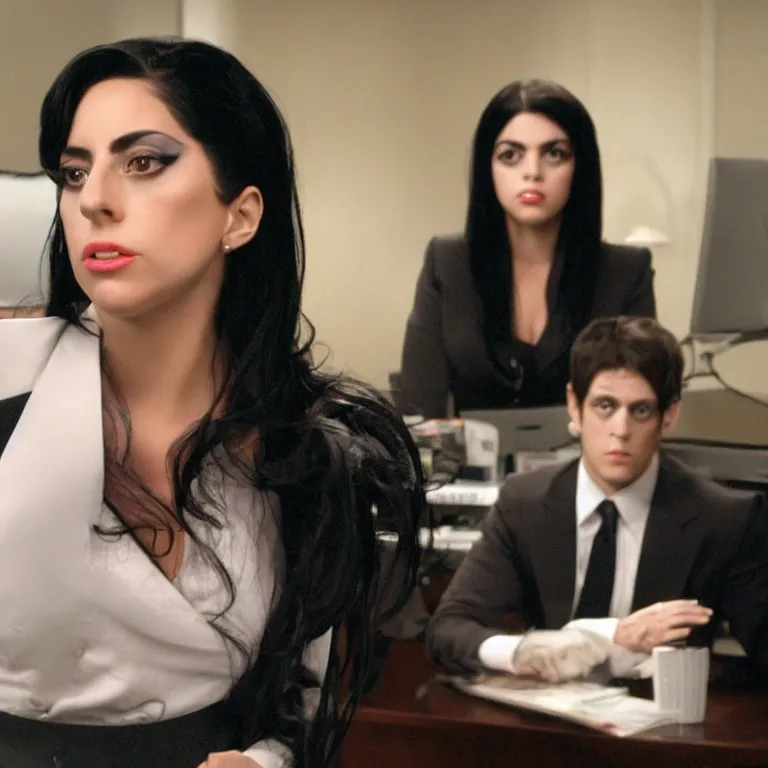 Image similar to confused lady gaga ( black haired ) looking at the camera, from the office ( 2 0 0 5 ), detailed background, uhd, low light, cinematic, realistic, clear face, clear eyes.