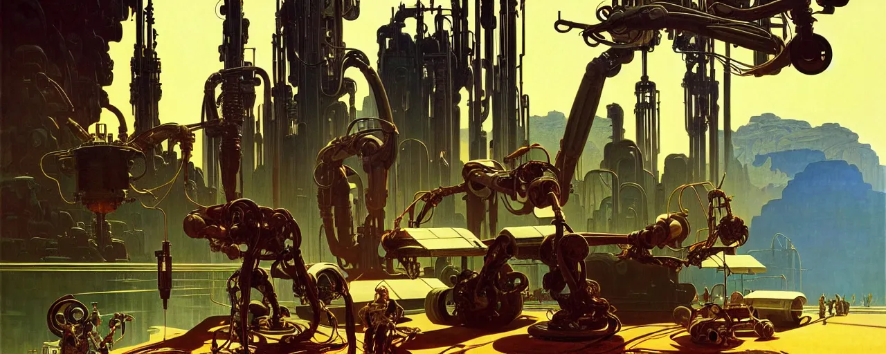 Prompt: natural american landscape | robot repairing another robot, painting by syd mead and weta studio, alphonso mucha, james jean, frank frazetta, highly detailed, rule of third, soft lighting, 8 k resolution, oil on canvas, architectural magazine, beautiful detailed, insanely intricate details, artstation trending, hypermaximalistic, high details, cinematic