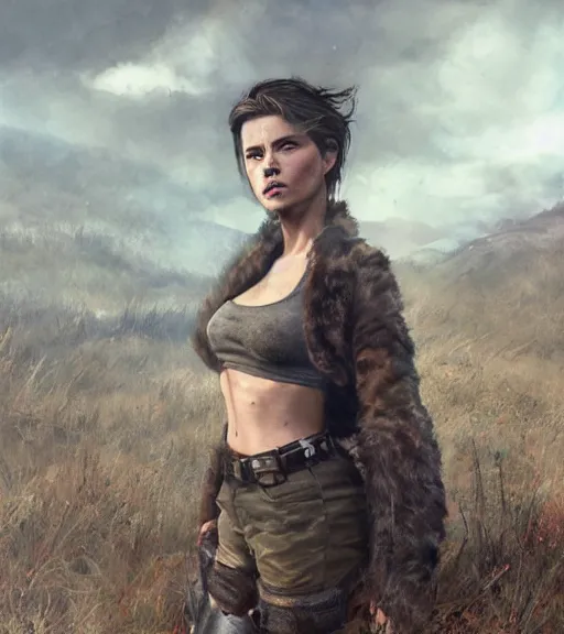 Image similar to fallout 5, charismatic beautiful armoured rugged brunette female protagonist, portrait, outdoors alaskan wilderness, atmospheric lighting, painted, intricate, volumetric lighting, beautiful, daytime, sunny weather, few clouds, sharp focus, deep colours, ultra detailed, art by leesha hannigan, ross tran, thierry doizon, kai carpenter, ignacio fernandez rios