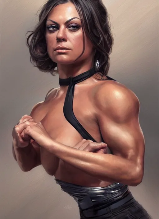 Prompt: portrait of muscled Mila Kunis working out doing push-ups, wearing intricate black choker, elegant, highly detailed, centered, digital painting, artstation, concept art, smooth, sharp focus, illustration, artgerm, donato giancola, Joseph Christian Leyendecker, WLOP, Boris Vallejo, Artgerm