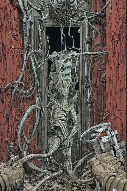 Image similar to a doorway to an impossible nightmare beyond comprehension, very very detailed painting by geof darrow and greg rutowski and hr giger