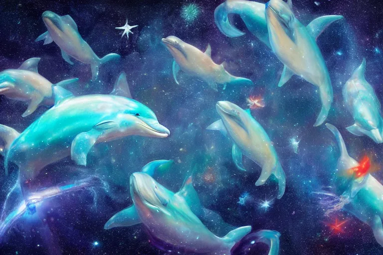 Image similar to a group of cosmic dolphins swimming and jumping out of a ocean of the cosmos, epic composition, 4 k