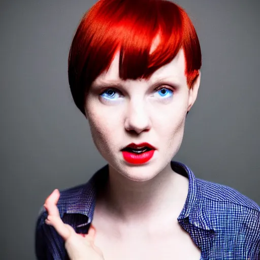 Prompt: photograph, closeup portrait of a young pale woman with short red hair in a dark room, blue eyes, wearing red flannel, flash photography, indoor setting, high contrast, sharp, portra 4 0 0, photographed by terry richardson, trending on tumblr,