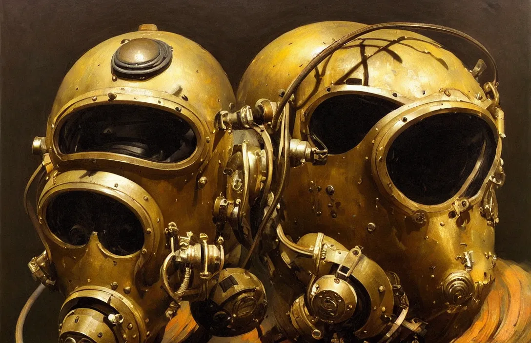 Image similar to portrait of deep sea diver helmet, the notorious b. i. g.!!!!!!!!!!!!!!!!!!!!!!!!!!!, detailed skull face, detailed painting, epic lighting, by ilya repin, phil hale and kent williams