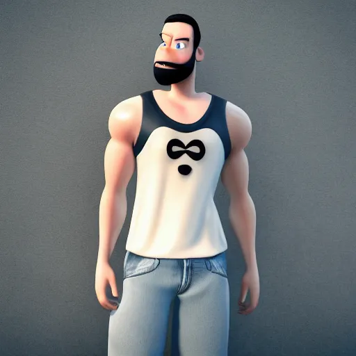 Image similar to handsome thin athletic white man with short buzzed widows peak hair, facial stubble, and eyes are blue, wearing tank top, posing outside, depicted as a Pixar character, high quality cg render, 4k