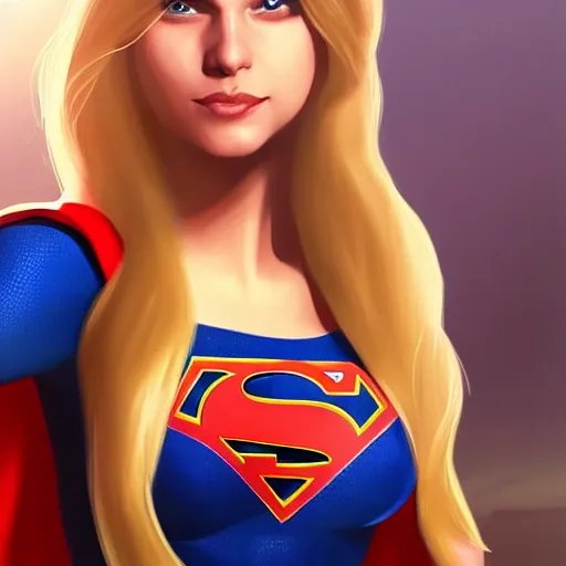 Prompt: supergirl from dc comics, high detail, 4k, smooth texture, beautiful, blonde hair, blue eyes, artgerm, casual lighting, artstation,