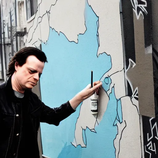 Image similar to jack white spraying graffiti over a map of yugoslavia