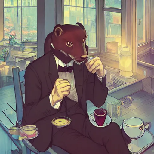 Image similar to a weasel in a suit was drinking tea, surrounded by tea houses ambient lighting, 4 k, lois van baarle, ilya kuvshinov, rossdraws, alphonse mucha, jung gi kim, artstation