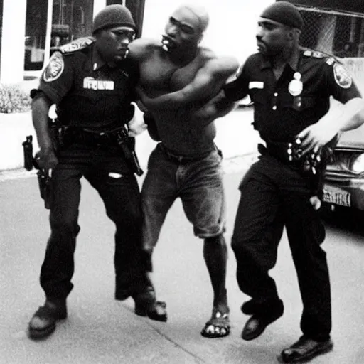 Image similar to photo of 2 pac arresting 2 pac, there is an officer that looks like 2 pac arresting that 2 pac. 2 pac can be seen in the background overlooking the situation.