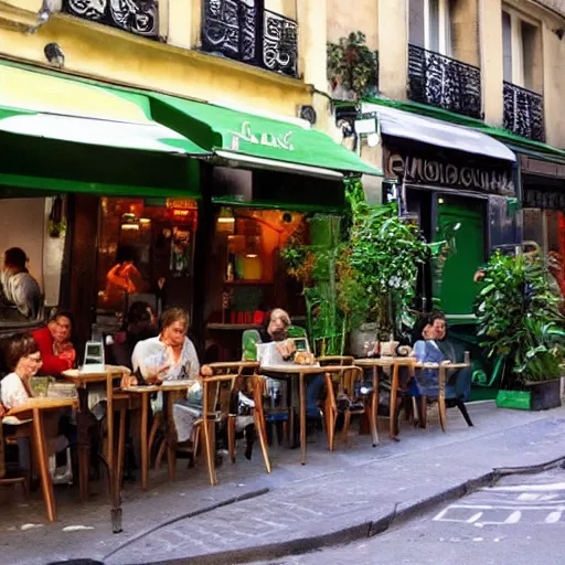 Prompt: a quiet cafe on the corner of a street in Paris in the style of The Jungle Book