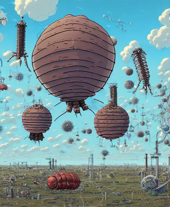 Image similar to inflated industrial plant made from obese isopod urchin octopus, in the style of puffy spaceship, skeletons, bones, partly cloudy, spooky, dramatic lighting, by geof darrow, bill sienkiewicz, dan mumford, yusuke murata, makoto shinkai, ross tran, cinematic, unreal engine, cel shaded, featured on artstation, pixiv