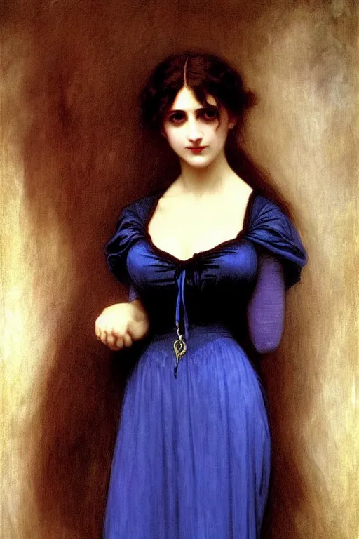 Image similar to victorian vampire in blue dress, painting by rossetti bouguereau, detailed art, artstation
