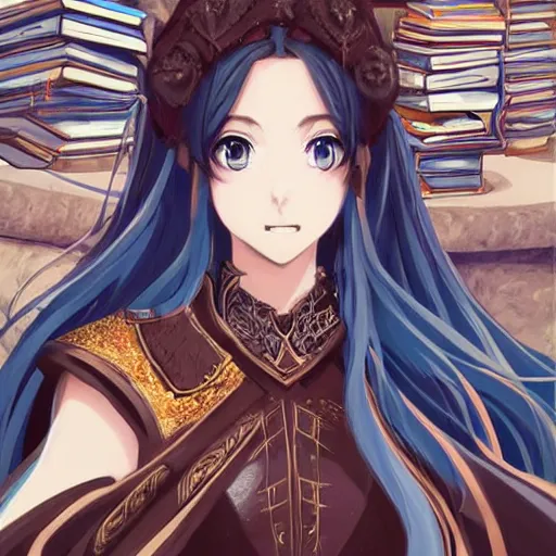 Image similar to “A hyper-detailed stunning and beautiful anime woman with brown flowing hair, long blue-cape, decorative leather armor, surrounded by a catacomb of books, Full-body character portrait, trending on artstation, by rossdraws”