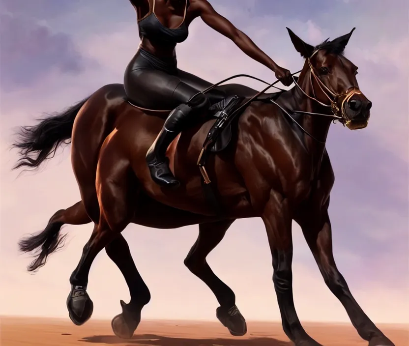 Image similar to full body portrait of beautiful black woman riding a thoroughbred, cinematic, highly detailed, digital painting, artstation, concept art, smooth, sharp focus, illustration, face by wlop, illustrated by mars ravelo and greg rutkowski