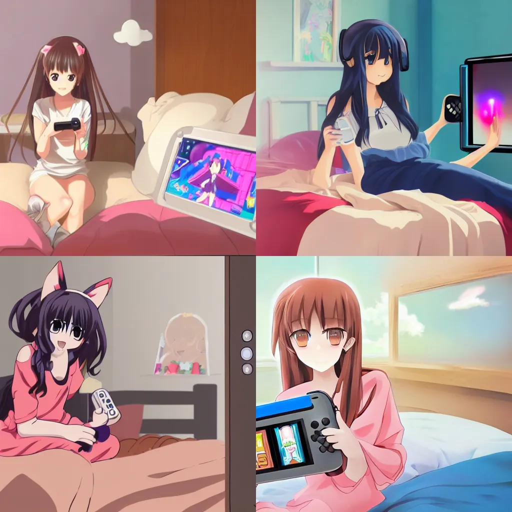 Prompt: cute art of beautiful anime girl playing with a nintendo switch inside a bedroom
