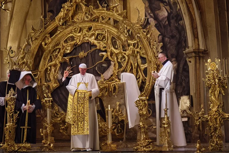 Prompt: photography group circle pope priest in an invoking ritual in front of a viscosity cthulhu within a lovecraft portal in a baroque intricate church