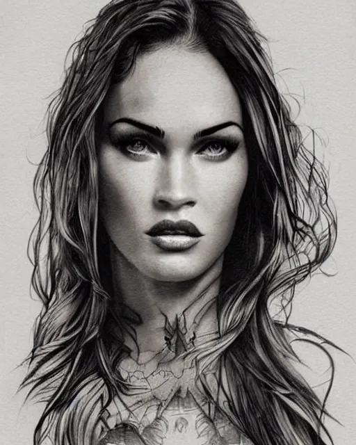 Image similar to realism tattoo design sketch of megan fox face blended with beautiful mountain scenery, in the style of dan mountford, double exposure, hyper realistic, amazing detail, black and white