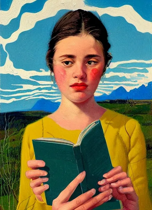 Image similar to an extreme close - up portrait of a girl reading in a scenic representation of mother nature and the meaning of life by billy childish, thick visible brush strokes, shadowy landscape painting in the background by beal gifford, vintage postcard illustration, minimalist cover art by mitchell hooks