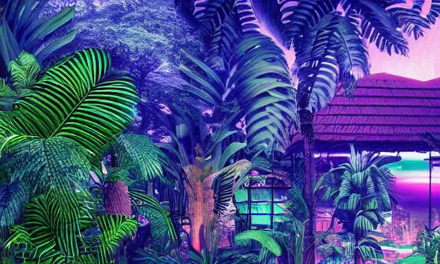 Image similar to Vaporwave Jungle, 4k Photograph