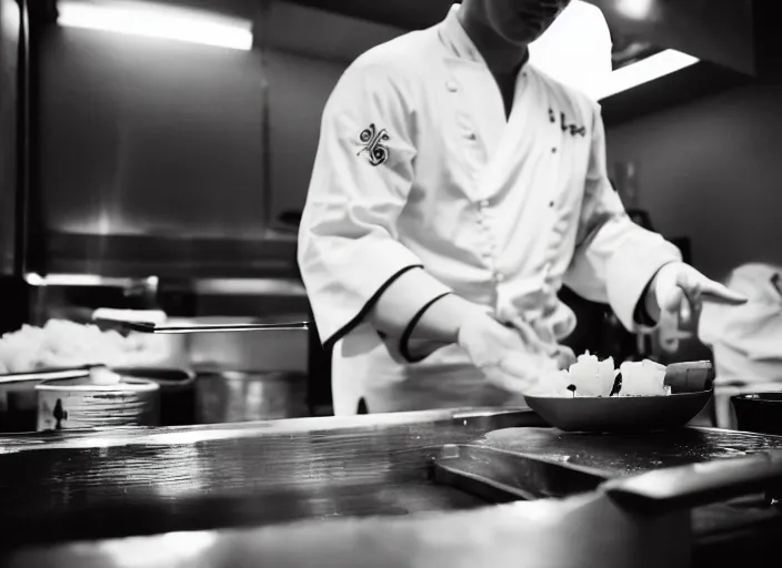 Image similar to a 2 8 mm macro photo from the back of a sushi chef preparing sushi in a commercial kitchen, splash art, movie still, bokeh, canon 5 0 mm, cinematic lighting, dramatic, film, photography, golden hour, depth of field, award - winning, anamorphic lens flare, 8 k, hyper detailed, 3 5 mm film grain