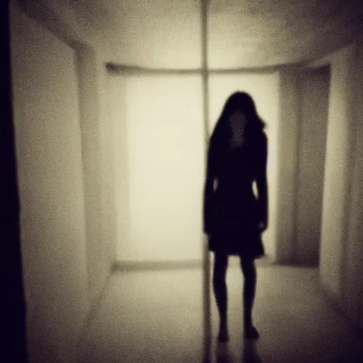 Image similar to insane nightmare, no light, everything is blurred, creepy shadows, obsessed woman, very poor quality of photography, 2 mpx quality, grainy picture