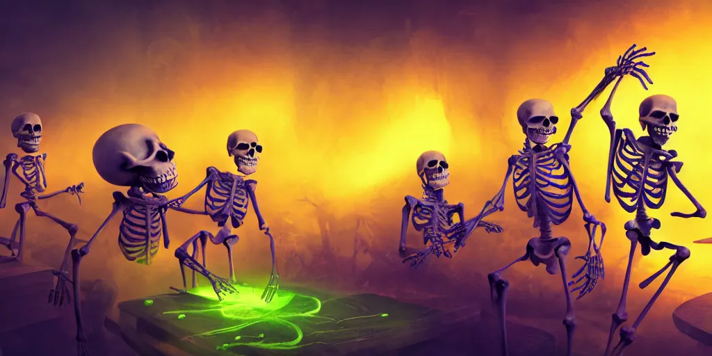 Image similar to skeletons, they are in front of a desk working on a new dark spell that is casting out flowing energy, colorful, flowing energy, light rays, medium shot, waist up, sharp, concept art, highly detailed, bloom, dramatic lighting, cinematic, by dreamworks