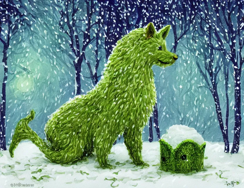 Image similar to lush green chia pet animal frolicking in snowy woods, stormy skies. russian fairytale art, gouache, dynamic composition, backlighting