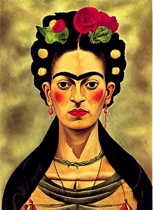 Image similar to portrait of young woman in renaissance dress and renaissance headdress, art by frida kahlo