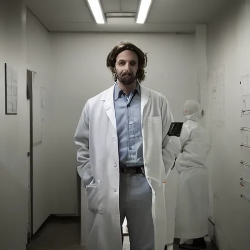 Image similar to a male scientist wearing a lab coat lost suit inside the very dark empty unsettling creepy backrooms, liminal space, flickering fluorescent lights, eerie mood