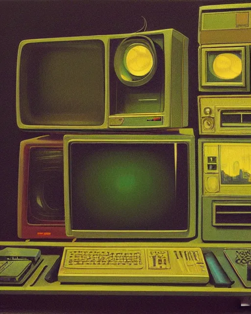 Image similar to a monitor amongst 8 0 s era technology, vintage shapes, retro technology, vintage color, wayne barlow, oil on canvas, deep depth of field, masterpiece, cinematic composition, hyperdetailed