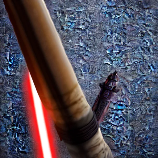 Image similar to ultra - detailed cinematic render, of a lightsaber hilt, that lies vertically on a carved stone, lit up in a dark room, photo from above, octane render, by mizuriau, high quality, digital art, 8 k, jedi fallen order teaser, volumetric lighting