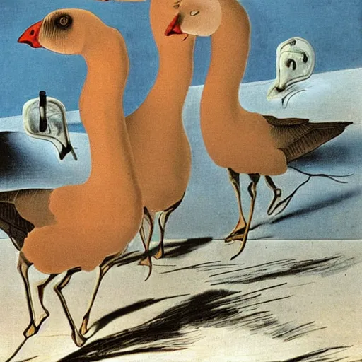 Prompt: Geese being naughty, Salvador Dali style